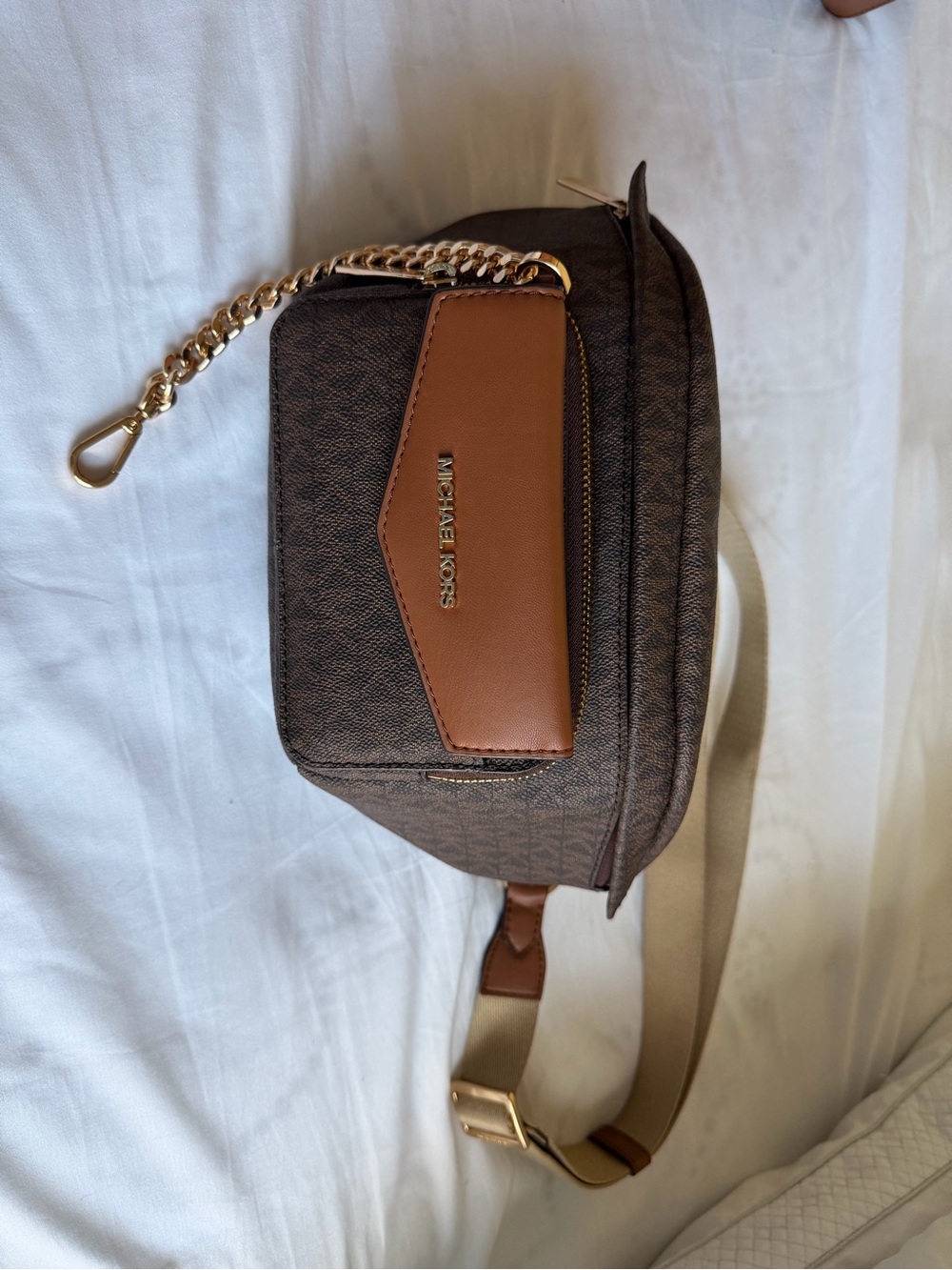 Michael Kors Brown & Tan Logo Belt Bag with Gold Chain Detail